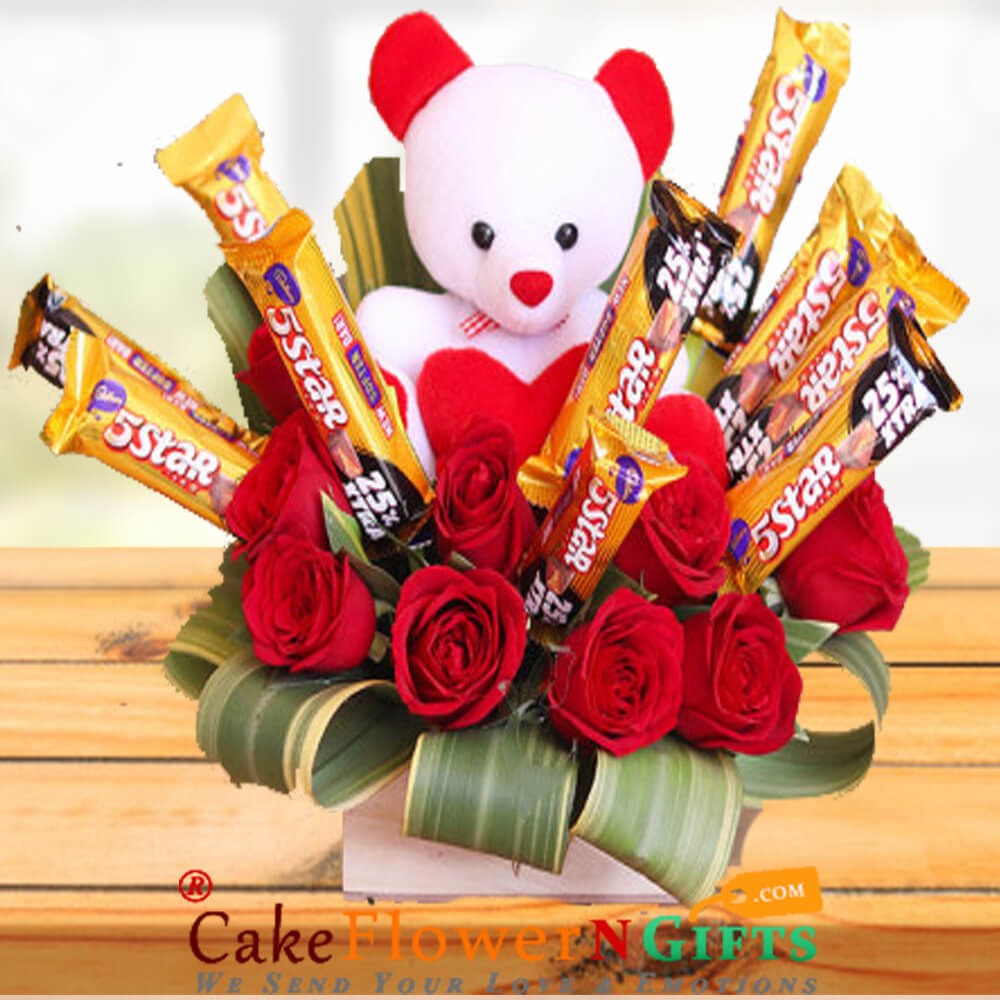 red roses teddy five star chocolate bouquet | Cakeflowerngifts.com