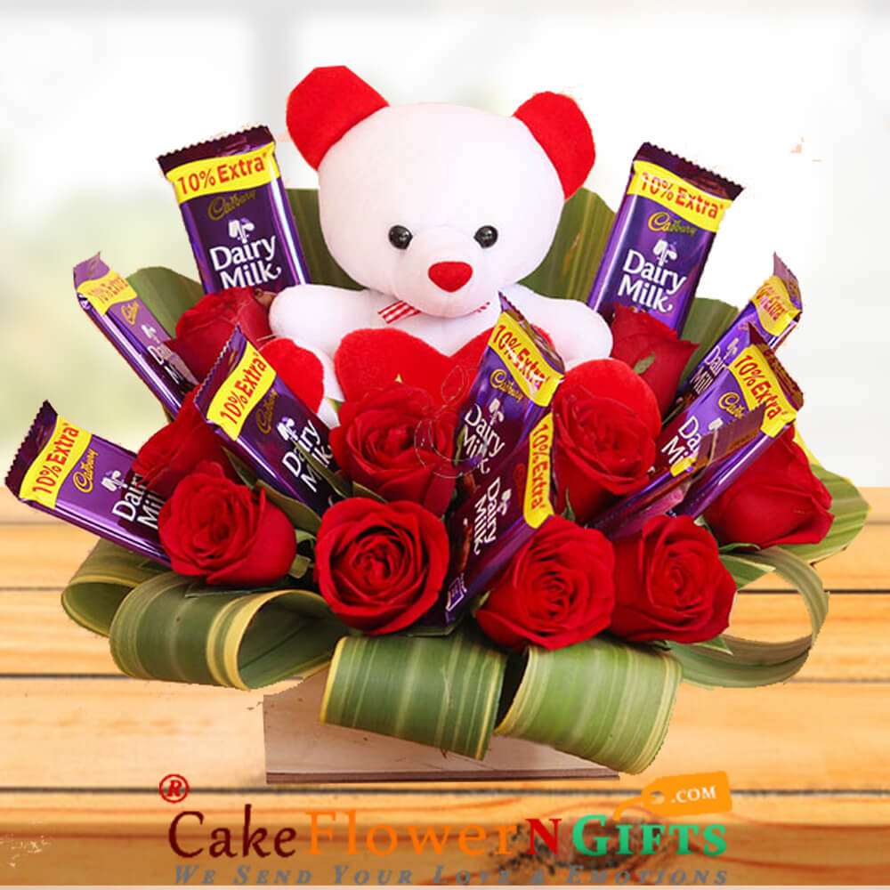 send red roses teddy dairy milk chocolate bouquet delivery