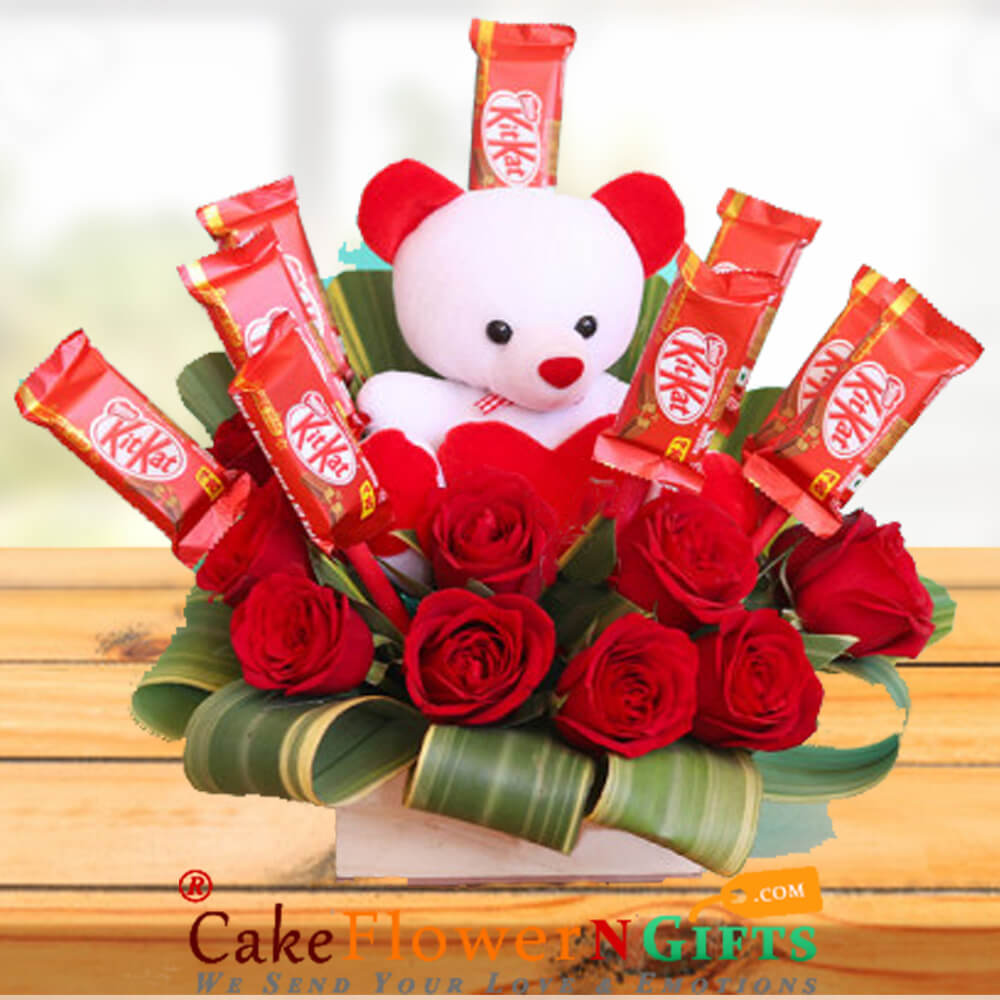 send red roses teddy kitkat chocolate bouquet delivery