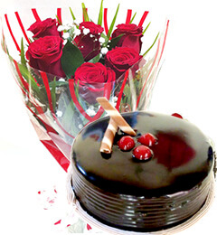 Chocolate Truffle Cake n Red Roses Bunch