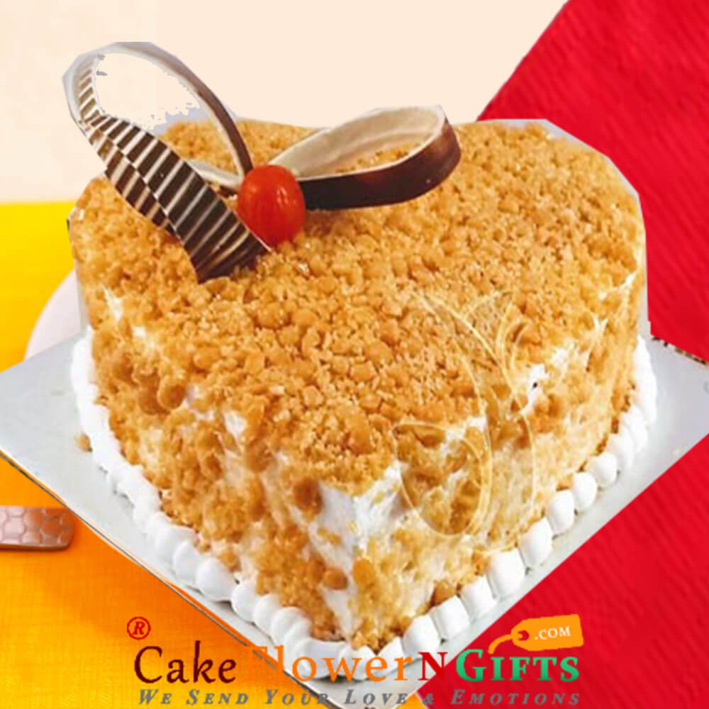 send eggless half kg heart shape butterscotch cake delivery