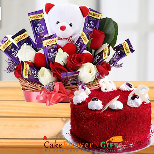 send eggless half kg red velvet cake n teddy chocolate roses flower bouquet delivery