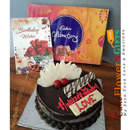 send eggless half kg chocolate truffle cake cadbury celebration box n greeting card delivery