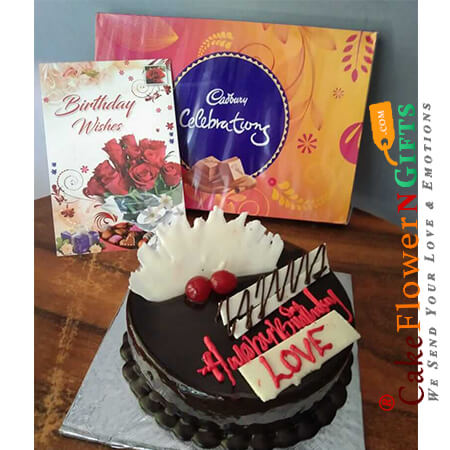 send eggless 1kg chocolate truffle cake cadbury celebration box n greeting card delivery
