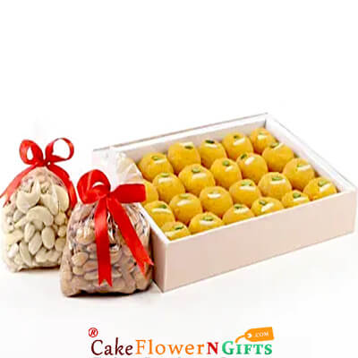 send 1kg moti choor laddoo 250 grams mixed dry fruits hamper delivery