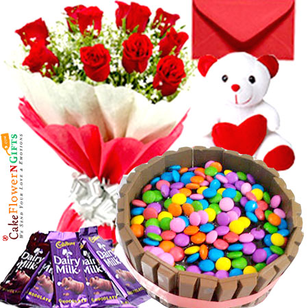 send half kg kitkat gems chocolate cake teddy bear chocolate red roses bouquet greeting card delivery