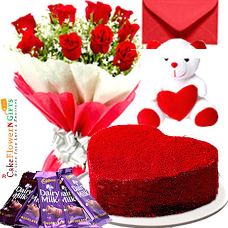 send eggless half kg heart shape red velvet cake teddy bear chocolate red roses bouquet greeting card delivery
