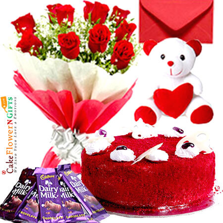 send 1kg red eggless velvet cake teddy bear chocolate red roses bouquet greeting card delivery