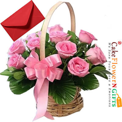 send 15 pink roses basket delivery