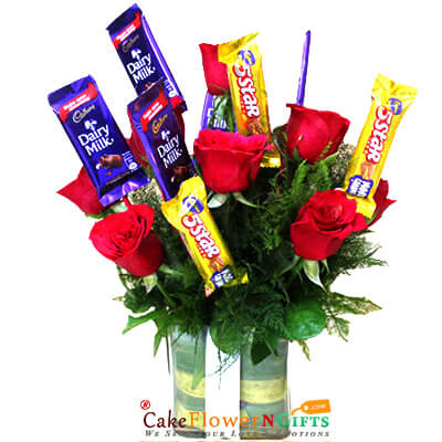 send red roses dairy milk five star glass vase arrangement delivery