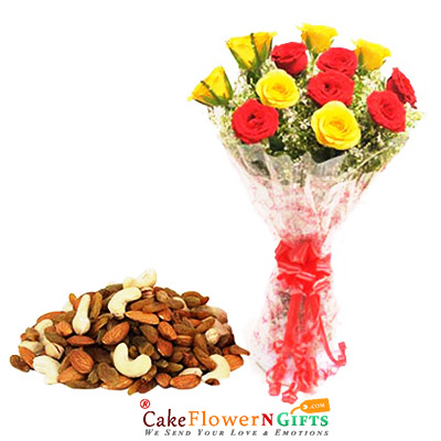 send red yellow rose bouquet with dry fruits delivery