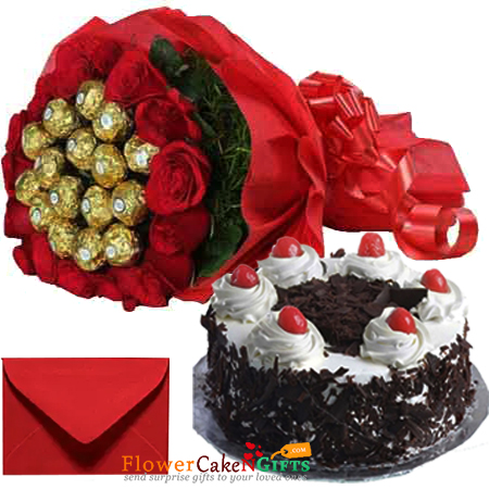 send half kg black forest cake n roses ferrero rocher chocolates bouquet delivery