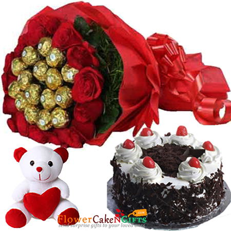 send half kg eggless black forest cake n teddy roses ferrero rocher chocolates bouquet delivery