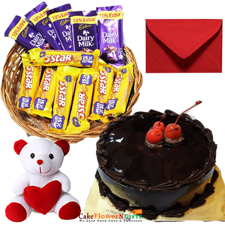 send 1 kg eggless chocolate cake teddy chocolate basket delivery