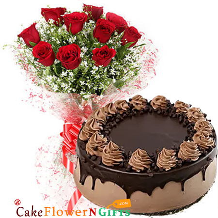 send half kg choco chip cake and 10 red roses bouquet delivery