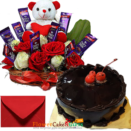send eggless half kg chocolate cake n special roses teddy chocolate arrangement delivery