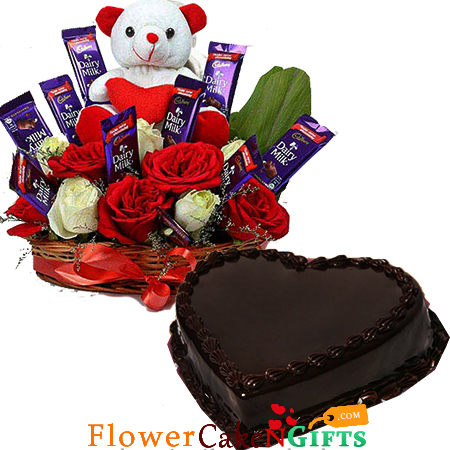 send 1kg chocolate cake heart shape n roses flower n teddy chocolate arrangement delivery