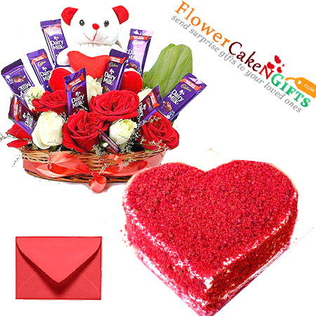 send eggless half kg red velvet cake heart shape n teddy roses flower chocolate gifts delivery