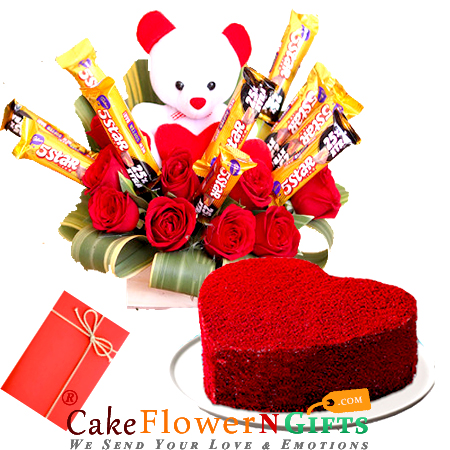 send 1kg heart shaped red velvet cake n special roses teddy chocolate basket delivery