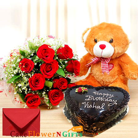send half kg heart shape chocolate cake roses bouquet teddy delivery