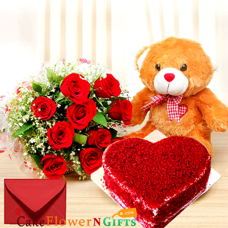 send half kg heart shape red velvet cake roses bouquet teddy delivery