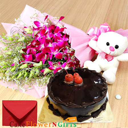 send half kg chocolate cake teddy orchids bouquet delivery