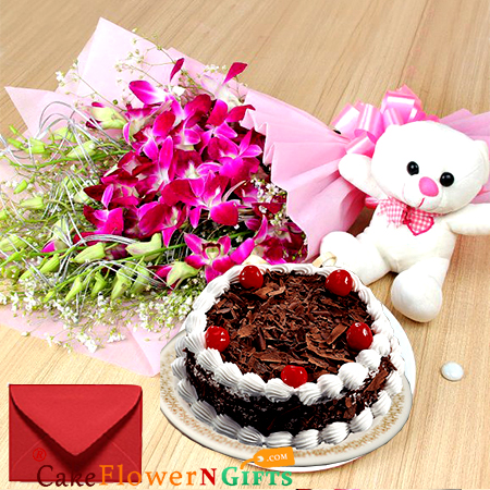 send half kg black forest cake teddy orchids bouquet delivery