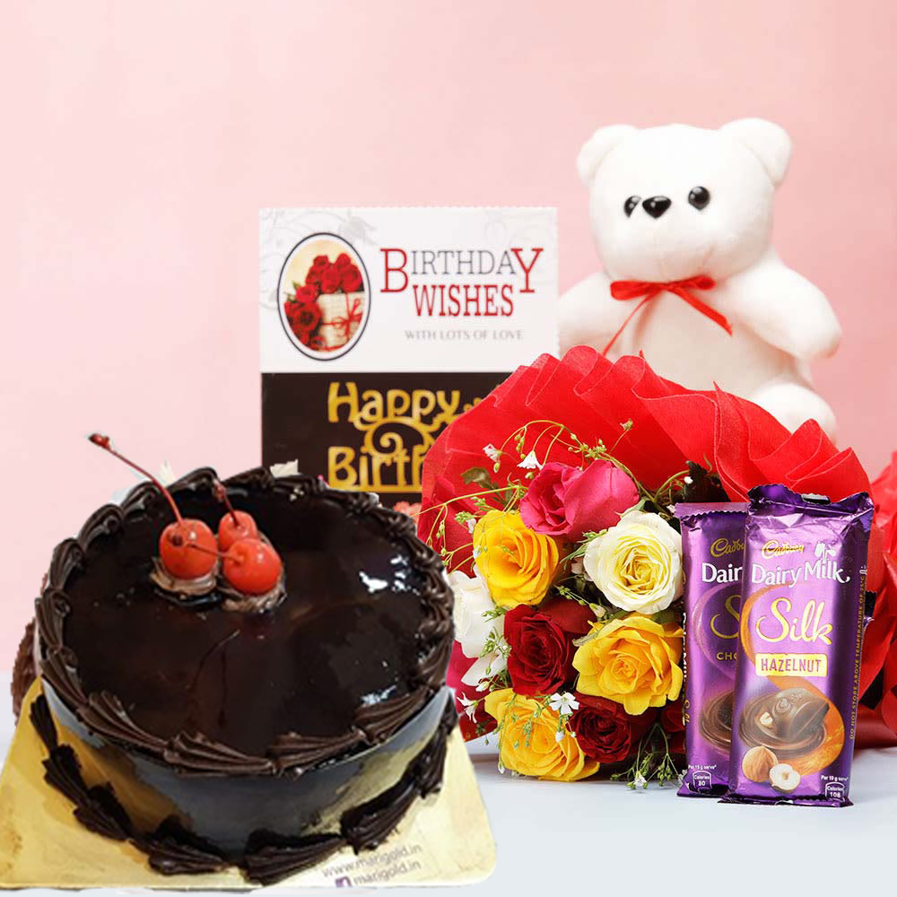 send half kg eggless chocolate Cake mixed roses teddy bear dairy milk silk chocolates card delivery
