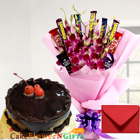 send half kg eggless chocolate cake n orchid chocolate bouquet delivery