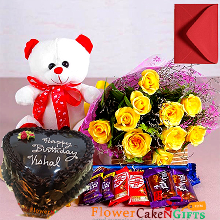 send half kg eggless heart shape choco chips chocolate cake roses bouquet teddy bear chocolate delivery