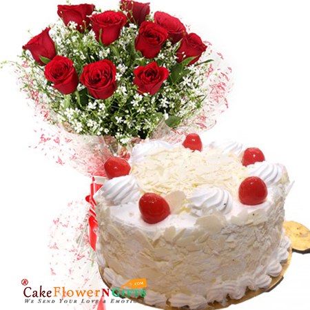 send half kg white forest cake and 10 red roses bunch delivery