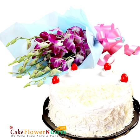 half kg white forest cake and 5 purple orchid bouquet