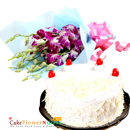 send 1kg eggless white forest cake and 5 purple orchid bouquet delivery