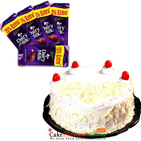 send half kg eggless white forest cake and 5 dary mike chocolate delivery