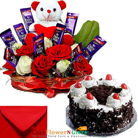 send half kg black forest cake n teddy roses flower chocolate gift delivery