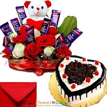 send eggless 1kg heart shape black forest cake n teddy roses chocolate combo gifts delivery