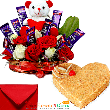 send eggless half kg heart shape butterscotch cake cake n teddy roses chocolate combo gifts delivery