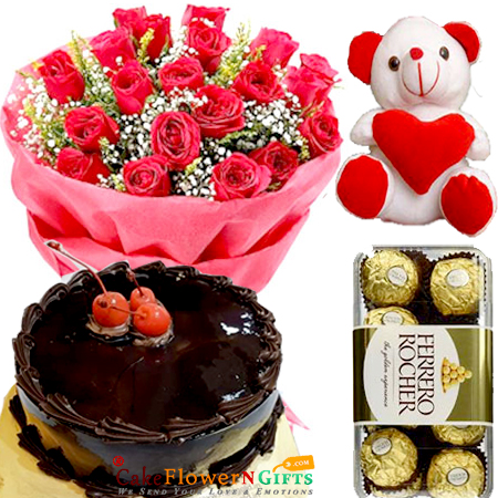 send eggless half kg chocolate cake ferrero rocher teddy bear 20 roses bouquet delivery