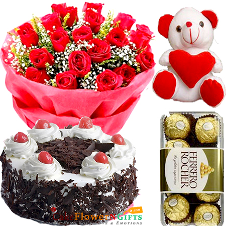 send half kg eggless black forest cake ferrero rochher teddy bear 20 roses bouquet delivery