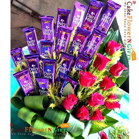send 10 red roses with 20 dairy milk chocolate bouquet delivery