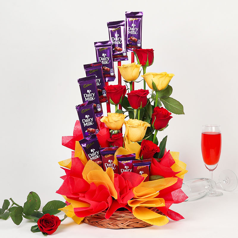 send 10 mixed roses and 10 dairy milks chocolates bouquet delivery