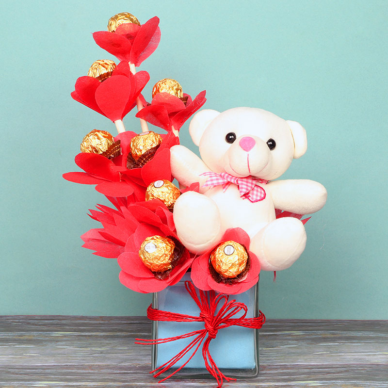 send ferrero rocher teddy in vase delivery