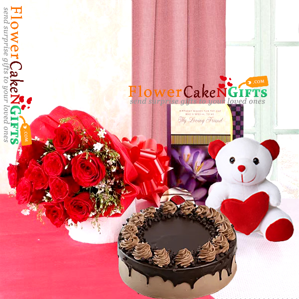 send 1kg eggless choco chips cake teddy roses bouquet  delivery