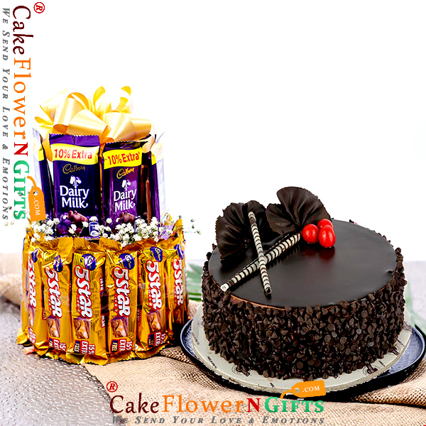 send 1kg choco chips cake with two layer chocolate arrangement delivery