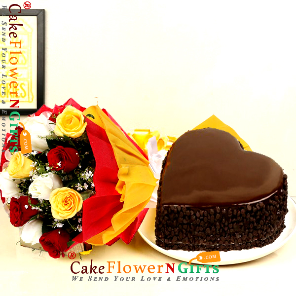 half kg eggless choco chips heart shape cake with 10 mix roses bouquet