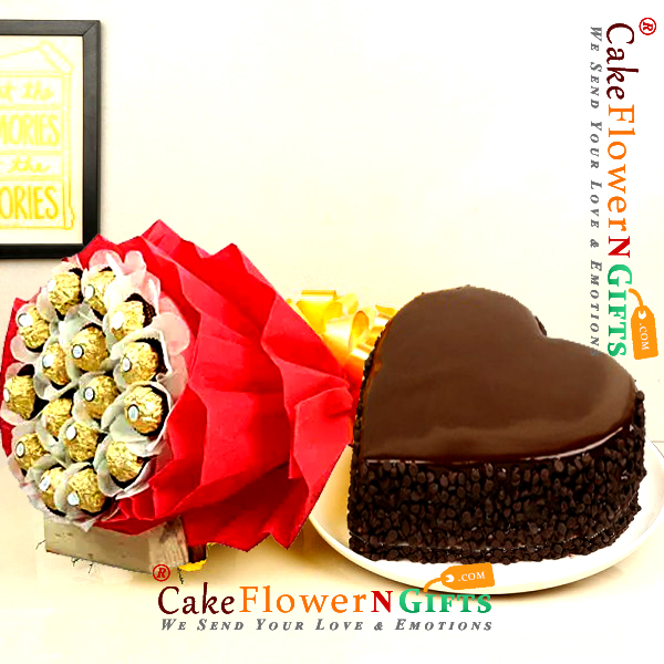 send 1kg eggless choco chips heart shape cake n ferrero choco chocolate bouquet delivery