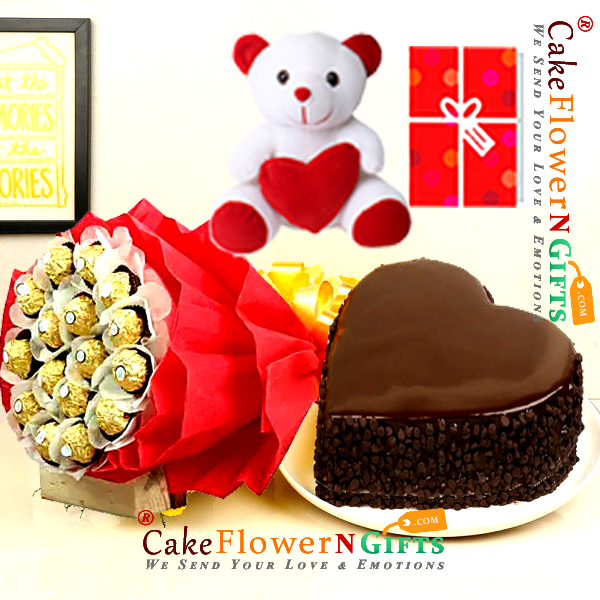 send half kg eggless choco chips heart shape cake teddy ferrero choco chocolate bouquet delivery