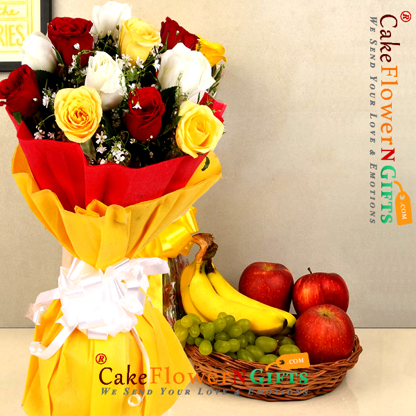 send 2kg fresh fruit basket n 10 mix roses delivery