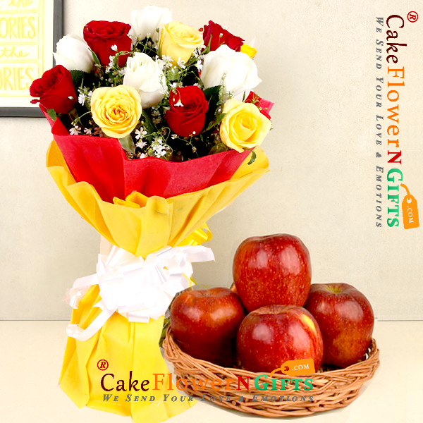 send 10 roses bouquet with 1 kg fresh apples in a basket delivery