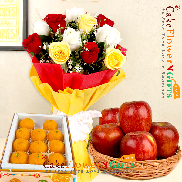 send half kg motichur laddu sweet 10 roses bouquet n 1kg fresh apples in a basket  delivery